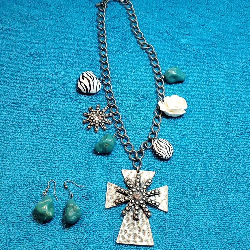 Western Style Cross Necklace and Earrings Set, Turquoise,  Zebra, Flower - Picture 4 of 10